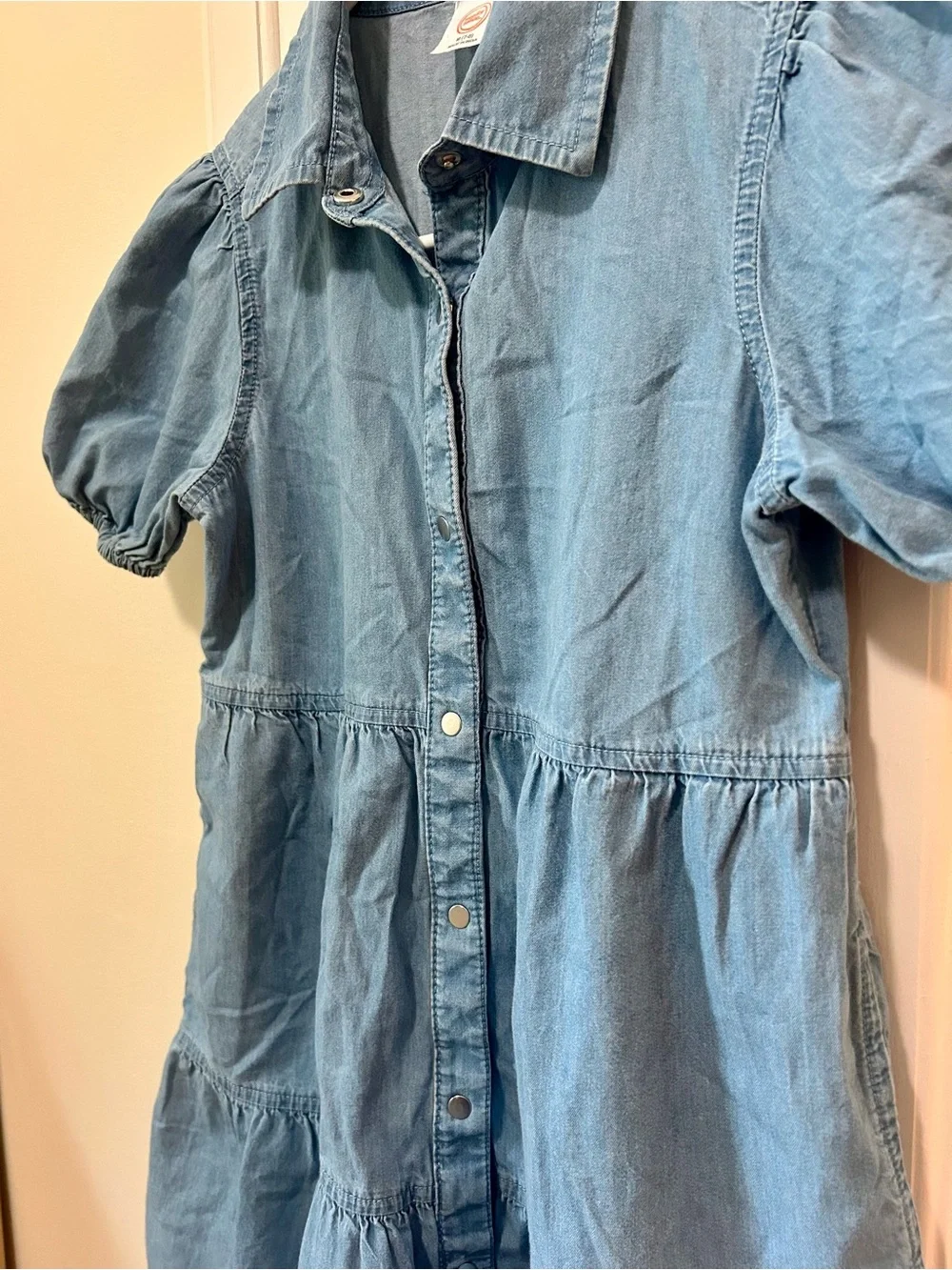 Wonder Nation Girls Denim Tiered Shirt Dress Blue Chambray Puff Sleeve Sz M 7-8